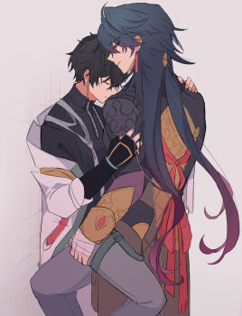 2boys black_hair blade_(honkai:_star_rail) closed_eyes closed_mouth commentary_request dan_heng_(honkai:_star_rail) earrings hand_on_another's_shoulder hands_up highres holding_another's_leg honkai:_star_rail honkai_(series) jacket jewelry komugiko_414 legs_apart looking_at_another looking_down multicolored_hair multiple_boys spread_legs teeth white_jacket yaoi