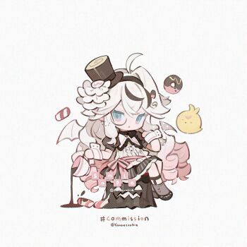 Rule 34 | 1girl, :o, ahoge, ball hands, bird, black hairband, black shoes, black skirt, brown hat, chibi, chibi only, commission, cup, donut, double-parted bangs, food, frilled skirt, frills, full body, grey socks, hairband, hat, highres, holding, holding cup, kanae (cookie), legwear garter, long hair, looking at viewer, open mouth, original, pleated skirt, sample watermark, shirt, shoes, short sleeves, simple background, single hair intake, sitting, skirt, socks, solo, striped clothes, striped skirt, top hat, twitter username, vertical-striped clothes, vertical-striped skirt, watermark, white background, white hair, white shirt, wrist cuffs