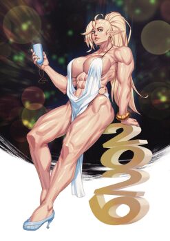 1girl 2026 abs bare_shoulders blonde_hair bracelet commentary cup dress earrings english_commentary full_body happy_new_year highres holding holding_cup hoop_earrings jewelry minh_pham muscular muscular_female new_year original pelvic_curtain plunging_neckline pointy_ears ponytail revealing_clothes solo white_dress