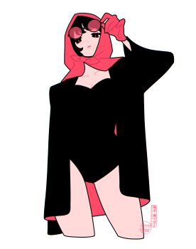 1girl absurdres adjusting_eyewear artist_logo black_hair black_jacket black_one-piece_swimsuit blending collarbone cowboy_shot cropped_legs gloves headscarf highres jacket logo looking_at_viewer one-piece_swimsuit real_life red_gloves red_headscarf round_eyewear short_hair simple_background solo swimsuit tatamipi white_background