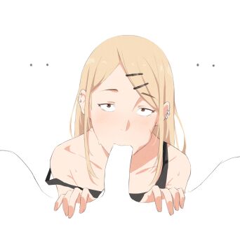 ... 1boy 1girl absurdres blonde_hair brown_eyes cheek_bulge collarbone dagashi_kashi ear_piercing endou_saya erection fellatio hair_ornament hairclip hghwaytohell highres light_blush long_hair looking_at_viewer multiple_piercings oral partially_colored penis piercing sanpaku solo_focus strap_slip sweat