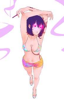 arm_tattoo arms_up bikini bikini_top_only breasts chest_tattoo cigarette denim denim_shorts facial_tattoo flats from_above highres holding holding_cigarette leg_tattoo multicolored_bikini multicolored_shorts navel original pink-framed_eyewear pink-tinted_eyewear purple_hair rainbow_bikini rainbow_shorts rib_tattoo round_eyewear short_hair shorts simple_background small_breasts smoke smoke_trail snake_tattoo spindle_(aidenr0) standing swimsuit tattoo tether_(spindle_(aidenr0)) tinted_eyewear white_background