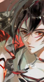 1boy ayn_alwyn ayn_alwyn_(limited-edition_rabbit) black_choker black_hair chinese_commentary choker clothes_grab collarbone hair_between_eyes hand_on_own_shoulder highres jacket jacket_grab jacket_on_shoulders lanfsir looking_at_viewer lovebrush_chronicles male_focus parted_lips pendant_choker portrait red_eyes red_jacket short_hair solo tank_top white_tank_top