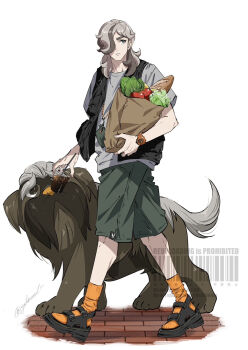 1boy alternate_costume arven_(pokemon) bag black_vest bread brown_hair commentary_request cup disposable_cup drinking_straw food grey_shirt hair_over_one_eye highres holding holding_cup long_hair looking_back mabosstiff male_focus nintendo open_clothes open_vest orange_socks paper_bag pokemon pokemon_(creature) pokemon_sv sandals shirt short_sleeves shorts socks standing t-shirt vest walking watch watermark white_background wristwatch yakoend