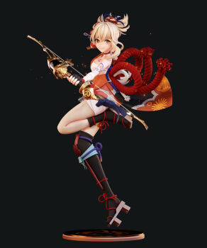 1girl 3d absurdres arm_tattoo asymmetrical_bangs asymmetrical_legwear bandaged_arm bandaged_leg bandages blonde_hair bow_(weapon) chest_tattoo choker comb drawing_bow fingerless_gloves from_side genshin_impact geta gloves hadanugi_dousa hair_between_eyes hair_ornament highres holding holding_bow_(weapon) holding_weapon japanese_clothes kimono kneehighs leg_up mismatched_legwear open_clothes open_kimono orange_eyes pablo_dobarro ponytail rope sarashi shimenawa short_ponytail single_kneehigh single_sock single_thighhigh smile socks solo tattoo thighhighs weapon yoimiya_(genshin_impact)