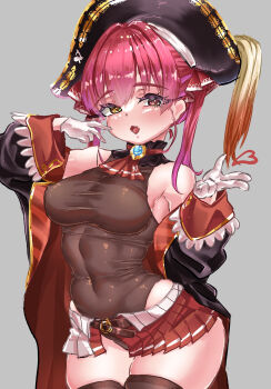 1girl black_hat black_jacket brown_leotard brown_thighhighs gloves hair_ribbon hat heterochromia highres hololive houshou_marine houshou_marine_(1st_costume) jacket leotard leotard_under_clothes long_hair looking_at_viewer open_mouth pirate_hat red_eyes red_hair red_ribbon red_skirt ribbon rorol_reime skirt solo thighhighs twintails virtual_youtuber white_gloves yellow_eyes