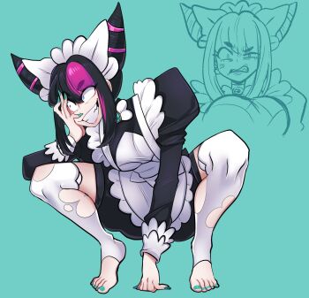 1girl angry apron black_romper bow bowtie clenched_teeth constricted_pupils cosplay crazy_eyes crazy_grin evil_grin evil_smile full_body grin hair_horns han_juri hand_on_own_face highres juliet_sleeves lebanne_(pokemon) lebanne_(pokemon)_(cosplay) leggings long_sleeves maid_apron missandydandy nintendo pokemon pokemon_legends:_z-a puffy_sleeves romper simple_background smile solo street_fighter street_fighter_6 teeth toeless_legwear torn_clothes torn_leggings white_bow white_bowtie