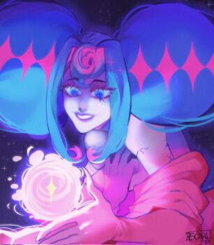 Rule 34 | 1girl, bare shoulders, blue eyes, blue hair, colored skin, commentary, double bun, dress, grey skin, hair bun, hair intakes, highres, knights of guinevere, looking at viewer, makeup, princess guinevere, scardoodlez, smile, solo, upper body, white dress