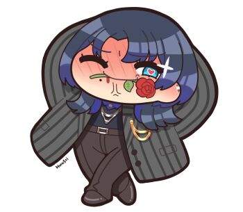 Rule 34 | 1girl, anger vein, arms behind head, black hair, black pants, black sweater, blood, blue eyes, blue hair, blue shirt, blush, chibi, chibi only, collared shirt, earclip, flower, gradient hair, grey jacket, heart, heart-shaped pupils, highres, hiodoshi ao, hiodoshi ao (1st costume), hololive, hololive dev is, huusri, jacket, medium hair, mouth hold, multicolored hair, nose blush, one eye closed, pants, pinstripe jacket, pinstripe pattern, red flower, red rose, rose, shirt, solo, suit jacket, sweater, symbol-shaped pupils, transparent background, v-neck, virtual youtuber, wolf cut