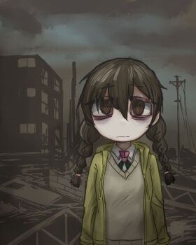 1girl bags_under_eyes brown_cardigan brown_eyes brown_hair building cardigan closed_mouth cloud collared_shirt debris gigantic_drive grey_sky hair_between_eyes highres jacket looking_at_viewer mentha_(menthalovely) misaki_nanao outdoors shirt sky straight-on upper_body utility_pole yellow_jacket