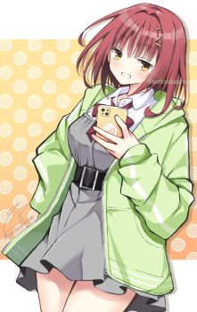 1girl :d belt black_belt blush bow bowtie breasts cellphone commentary_request cowboy_shot dress futamihara_ririko green_jacket grey_dress grin hair_ornament hairclip hand_up highres holding holding_phone jacket large_breasts letterboxed limelight_lemonade_jam looking_at_viewer medium_hair open_clothes open_jacket open_mouth parallel_hairclips phone polka_dot polka_dot_background red_bow red_bowtie red_hair school_uniform signature simple_background smartphone smile smug solo track_jacket twitter_username usetsusakon2 yellow_background yellow_eyes