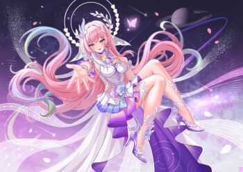 1girl absurdres aqua_hair breasts bug butterfly commentary_request cyrene_(honkai:_star_rail) cyrene_(ripples_of_past_reverie)_(honkai:_star_rail) dress falling_petals halo high_heels highres honkai:_star_rail honkai_(series) insect large_breasts looking_at_viewer multicolored_hair petals pink_hair planet planetary_ring pointy_ears purple_eyes reaching reaching_towards_viewer sky solo star_(sky) starry_sky thighs white_dress white_hair zekong_pioneer