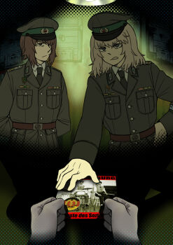 1other 2girls absurdres album_cover angry badge black_necktie brown_hair clenched_hand cover east_german_flag east_germany east_germany_military_uniform frown german_text girls_und_panzer grey_hair grey_jacket hand_on_table hands_on_table hat highres ifa_wartburg interrogation itsumi_erika jacket lamp medium_hair military_dress_uniform military_uniform multiple_girls nationale_volksarmee necktie nishizumi_maho peaked_cap police shirt short_hair shoulder_boards stasi translated useless_centipde vignetting white_shirt