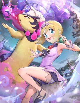 1girl absurdres bare_shoulders blonde_hair blue_eyes blush breasts brown_eyes dress fire gonzarez hair_between_eyes headband highres hisuian_typhlosion holding holding_poke_ball irida_(anniversary_2025)_(pokemon) irida_(pokemon) legs neckerchief nintendo official_alternate_costume open_mouth poke_ball pokemon pokemon_(creature) pokemon_masters_ex purple_dress purple_fire purple_fur purple_headband purple_neckerchief purple_shorts shoes short_hair shorts shorts_under_dress simple_background skull_and_crossbones sleeveless sleeveless_dress smile teeth terastallization two-tone_fur upper_teeth_only white_background wrist_cuffs yellow_fur