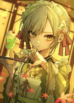 Rule 34 | 1girl, apron, blurry, blurry background, commentary request, dutch angle, food, frilled apron, frills, green eyes, green kimono, grey hair, hair ribbon, hinomori shiho, holding, holding tray, ice cream, ice cream float, indoors, japanese clothes, kimono, kudamono39, looking at viewer, maid apron, maid headdress, mata konoha no irozuku koro ni (project sekai), melon soda, official alternate costume, parted lips, project sekai, red ribbon, ribbon, short hair, solo, tray, upper body, white apron