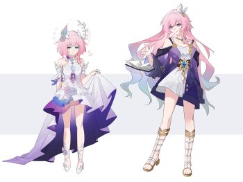 2girls absurdres aqua_hair bare_shoulders breasts chinese_commentary coat commentary_request cosplay costume_switch cyrene_(aedes_elysiae)_(honkai:_star_rail) cyrene_(honkai:_star_rail) cyrene_(ripples_of_past_reverie)_(honkai:_star_rail) dress dual_persona flower fuguang336 full_body hair_flower hair_ornament halo high_heels highres honkai:_star_rail honkai_(series) jewelry long_hair medium_breasts multicolored_hair multiple_girls necklace pink_hair pointy_ears purple_coat purple_eyes sandals short_hair small_breasts two-tone_hair very_long_hair white_dress white_hair