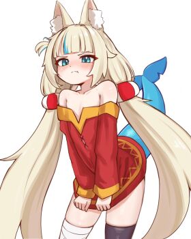 1girl :t animal_ear_fluff animal_ears asymmetrical_legwear bandaged_leg bandages bare_shoulders black_thighhighs blonde_hair blue_eyes blue_hair blunt_bangs blush closed_mouth collarbone commentary cosplay cowboy_shot dress dress_tug english_commentary fins fish_tail flat_chest fox_ears fox_tail hair_ornament highres indie_virtual_youtuber kono_subarashii_sekai_ni_shukufuku_wo! kurohi_drw long_hair long_sleeves looking_at_viewer low_twintails megumin megumin_(cosplay) multicolored_hair off_shoulder pout red_dress sameko_saba short_dress simple_background single_thighhigh solo streaked_hair tail thighhighs twintails very_long_hair virtual_youtuber white_background