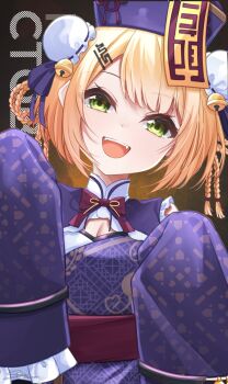 1girl bell blonde_hair braid braided_hair_rings breasts bun_cover chinese_clothes cleavage cleavage_cutout clothing_cutout commentary double_bun dress english_commentary fangs green_eyes hair_bell hair_bun hair_ornament hair_rings hairclip hat highres hololive jiangshi_costume jingle_bell looking_at_viewer momosuzu_nene momosuzu_nene_(jiangshi) official_alternate_costume official_alternate_hairstyle ofuda ofuda_on_head open_mouth purple_dress purple_hat qingdai_guanmao quad_hair_rings shiinochi short_hair signature sleeves_past_fingers sleeves_past_wrists smile solo teeth upper_body upper_teeth_only virtual_youtuber