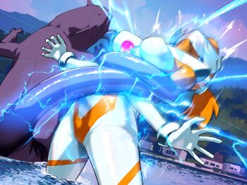 Rule 34 | 1girl, blue eyes, bound, commentary request, electrocution, energy drain, giant, giantess, kaiju, multicolored hair, nikunopengin, orange hair, original, twintails, two-tone hair, ultra series, white hair, x-girl flare