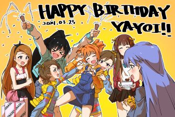 Rule 34 | > <, absurdres, amami haruka, bakawahitori, behind another, black hair, black hairband, black skirt, blue hair, blush, bow, box, brown hair, character name, closed eyes, dated, dress, fang, futami ami, futami mami, ganaha hibiki, gift, gift box, hair bow, hairband, happy birthday, hashtag-only commentary, highres, holding, holding party popper, hood, hood down, hoodie, idolmaster, idolmaster (classic), jacket, kisaragi chihaya, long hair, long sleeves, minase iori, multiple hair bows, open mouth, orange hair, party popper, ponytail, shirt, short hair, side ponytail, skirt, smile, standing, takatsuki yayoi, twintails, yellow background, yellow bow