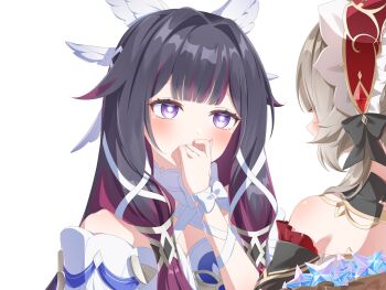 2girls bare_shoulders black_hair blunt_bangs blush bow brown_hair columbina_(genshin_impact) commentary_request covering_own_mouth detached_sleeves genshin_impact hair_ornament hand_up highres kokoaji_(koko_aj1) long_hair long_sidelocks multiple_girls off_shoulder primogem purple_eyes purple_hair sandrone_(genshin_impact) sidelocks simple_background textless_version upper_body very_long_hair white_background white_bow wing_hair_ornament