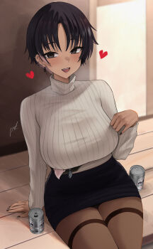 1girl :d absurdres beer_can black_eyes black_hair black_nails black_skirt blush bon_(vtuber) breasts brown_pantyhose can drink_can earrings grey_sweater heart heaven_burns_red highres impossible_clothes impossible_sweater indie_virtual_youtuber jewelry large_breasts long_sleeves looking_at_viewer miniskirt nail_polish on_floor open_mouth pantyhose pencil_skirt pynkmouth short_hair signature sitting skirt smile solo sweater thighband_pantyhose virtual_youtuber wooden_floor