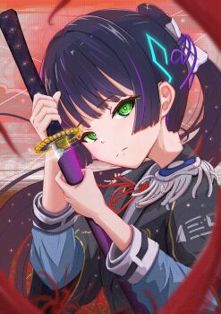 1girl absurdres black_hair commentary_request green_eyes heaven_burns_red highres holding holding_sword holding_weapon looking_at_viewer natsume_inori ponytail psy_(artist) sheath sword unsheathing weapon