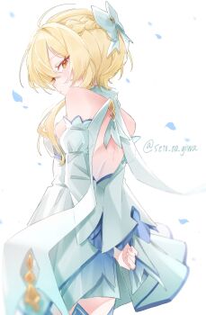 1girl backless_dress backless_outfit bare_shoulders blonde_hair bow braid crown_braid detached_sleeves dress from_behind genshin_impact gold_trim hair_bow highres looking_at_viewer lumine_(genshin_impact) petals scarf setonogiwa watermark white_background yellow_eyes
