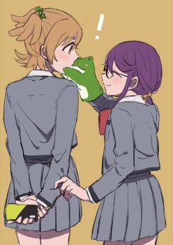 ! 2girls arm_up arms_behind_back bell black-framed_eyewear blonde_hair blush bow bowtie chikiso closed_eyes closed_mouth clothes_grab collared_shirt covered_mouth cowboy_shot daiba_nana facing_another facing_to_the_side from_behind glasses green_eyes green_ribbon grey_jacket grey_skirt hair_bell hair_between_eyes hair_ornament hair_ribbon hand_on_another&#039;s_arm hand_on_own_wrist hand_puppet hoshimi_junna jacket long_sleeves looking_at_another looking_to_the_side low_side_ponytail miniskirt missing_commentary multiple_girls object_kiss pleated_skirt profile pulling_another&#039;s_clothes puppet purple_hair red_bow red_bowtie ribbon school_uniform seishou_music_academy_uniform shirt short_hair shoujo_kageki_revue_starlight side-by-side sidelocks simple_background skirt sleeve_grab smile stuffed_animal stuffed_frog stuffed_toy two_side_up viewer_holding_phone white_shirt yellow_background yuri