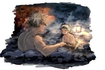 2boys bakugou_katsuki blonde_hair boku_no_hero_academia closed_eyes collarbone commentary_request freckles green_hair highres looking_at_another male_focus midoriya_izuku multiple_boys nude onsen pectorals scar scar_on_shoulder smile spiked_hair teeth towel towel_on_head uni_ssansyo