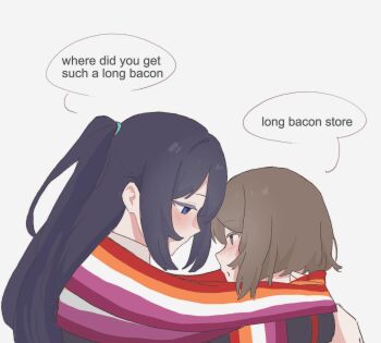 1boy 1girl artist_self-insert bishounen blue_eyes blue_hair bob_cut brown_eyes brown_hair eye_contact from_side half_updo highres hong_lu_(project_moon) lesbian_flag limbus_company long_bacon_store_(meme) long_hair looking_at_another meme past_desiderium project_moon short_hair simple_background speech_bubble very_long_hair white_background