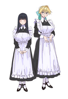2girls :o apron black_dress black_hair black_shoes blonde_hair blue_ribbon breasts bun_cover buttons catherine_(conto) closed_eyes collared_dress conto dress elizabeth_(conto) frilled_apron frills full_body furrowed_brow glasses hair_bun hair_intakes hair_ribbon hashtag-only_commentary high_heels large_breasts long_dress long_hair looking_at_viewer maid maid_apron maid_day maid_headdress multiple_girls open_mouth original own_hands_together parted_lips ribbon round_eyewear shoes short_hair single_hair_bun socks standing v_arms white_apron white_socks