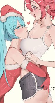 2girls ass black_shorts blue_eyes blue_hair blush breast_press breasts camisole cleavage closed_mouth commentary dolphin_shorts dress drill_hair elbow_gloves english_commentary gloves hat hatsune_miku highres kasane_teto large_breasts long_hair multiple_girls open_mouth red_dress red_eyes red_gloves red_hair red_hat santa_costume santa_dress santa_hat shorts shorts_lift simple_background smile twin_drills twintails utau vocaloid white_camisole yaki_iskute yellow_background yuri