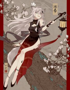 1girl alternate_costume animal_ears aqua_eyes arknights bare_shoulders beads black_dress black_shawl black_shoes branch breasts bright_pupils china_dress chinese_clothes chinese_commentary chinese_new_year cleavage cleavage_cutout clothing_cutout commentary_request dress flower full_body grey_flower grey_hair grey_tail hair_between_eyes hair_ornament hairclip highres holding holding_lantern itonatsu lantern lappland_(arknights) long_hair looking_at_viewer material_growth medium_breasts no_socks open_mouth oripathy_lesion_(arknights) print_dress seal_impression shawl shoes side_slit sleeveless sleeveless_dress smile snake_print solo tail tassel white_pupils wolf_ears wolf_girl wolf_tail