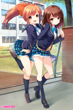 2girls :d blazer blue_skirt blush bow breasts brown_eyes brown_hair buttons cyberagent day girlfriend_(kari) grass hair_bow hair_ornament hair_ribbon hairclip highres jacket leg_up loafers long_hair long_sleeves looking_at_viewer medium_breasts multiple_girls open_mouth outdoors path plaid_clothes plaid_skirt plant ponytail red_hair ribbon road sakurai_akane_(girlfriend_(kari)) school_uniform shiina_kokomi shoes skirt smile standing standing_on_one_leg tree yamacchi