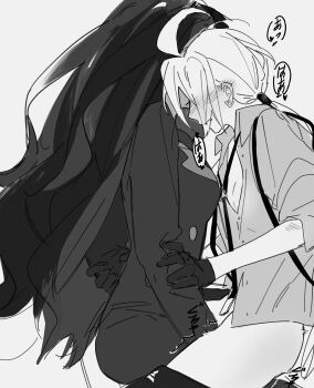 2girls absurdres blush clothes_pull collared_shirt commentary_request ear_blush fingering geeta_(pokemon) gloves greyscale hand_on_another&#039;s_waist highres long_hair monochrome multiple_girls nanaasuzy nintendo pants pants_pull pokemon pokemon_sv ponytail rika_(pokemon) shirt trembling yuri