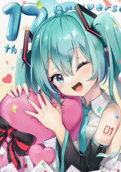 1girl absurdres aqua_eyes aqua_hair aqua_nails aqua_necktie aqua_trim black_bow black_bowtie bow bowtie breasts collared_shirt detached_sleeves fuwashima hair_between_eyes hair_ornament happy_anniversary hatsune_miku headset highres holding letter light_blush long_hair long_sleeves looking_at_viewer medium_breasts necktie one_eye_closed open_mouth shirt sleeveless sleeveless_shirt smile solo twintails very_long_hair vocaloid white_shirt wide_sleeves
