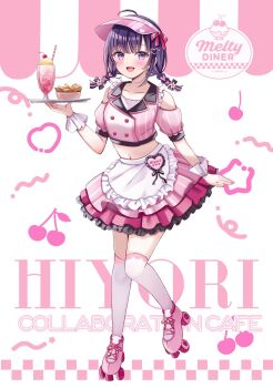 Rule 34 | 1girl, apron, blush, bow, bowl, braid, breasts, collarbone, cropped shirt, flower, food, french fries, frilled skirt, frills, hair between eyes, hair flower, hair ornament, highres, holding, holding tray, long hair, looking at viewer, medium breasts, midriff, milkshake, navel, open mouth, original, pink shirt, pink skirt, purple eyes, roller skates, sakura hiyori, shirt, short sleeves, skates, skirt, smile, solo, thighhighs, tray, twintails, visor cap, waitress, white apron, white thighhighs, wrist cuffs