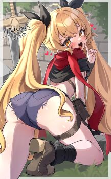 1girl absurdres ahoge artist_name ass ass_focus bikini bikini_top_only black_bikini black_ribbon black_shirt blonde_hair blue_shorts blush boots border breasts brown_boots clothes_lift commentary_request commission covered_erect_nipples cutoffs denim denim_shorts fang from_behind furrowed_brow hair_between_eyes hair_flaps hair_ribbon heart highres index_finger_raised long_hair looking_at_viewer looking_back micro_bikini micro_shorts open_mouth original pouch red_scarf ribbon scarf second-party_source shirt shirt_lift shorts sidelocks single_sleeve skeb_commission small_breasts smug solo swimsuit sword thigh_pouch thigh_strap trente twintails very_long_hair weapon white_border yellow_eyes