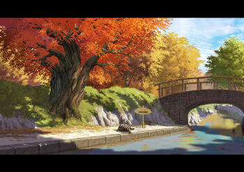 absurdres autumn blue_sky bridge cloud cloudy_sky commentary_request day highres letterboxed nature no_humans original outdoors river scenery shadow sky sumassha_t_t tortoise tree turtle water