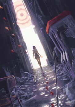 1girl black_shorts bloody_footprints chainsaw_man cup desk fish flower from_behind hair_bun highres holding holding_flower makima_(chainsaw_man) medium_hair polearm purple_hair red_flower reze_(chainsaw_man) ringed_eyes school_desk shirt shorts sotti_kotti updo walking_away weapon white_shirt