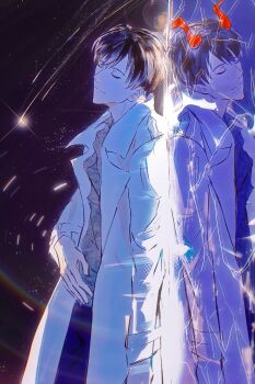 Rule 34 | 2boys, 8d2suga9, against glass, black hair, black shirt, closed eyes, coat, commentary, crack, cracked glass, demon horns, different reflection, english commentary, glowing, hand on own stomach, highres, horns, kim dokja, lens flare, male focus, meteor shower, multiple boys, official alternate costume, omniscient reader's viewpoint, open clothes, open coat, popped collar, reflection, shirt, short hair, sky, smile, space, star (sky), star trail, starry sky, white coat