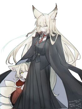 2girls animal_ears arknights blonde_hair fox_ears fox_girl fox_tail green_eyes haki_penguin highres kitsune kyuubi long_hair mother_and_daughter multiple_girls multiple_tails simple_background suzuran_(arknights) tail very_long_hair vulpisfoglia_(arknights) white_background yellow_eyes