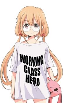 Rule 34 | 10s, 1girl, 71 (nanaichi drafting), bespectacled, blonde hair, brown eyes, clothes writing, english text, female focus, futaba anzu, glasses, idolmaster, idolmaster cinderella girls, irony, john lennon, long hair, product placement, shirt, simple background, solo, song name, standing, stuffed animal, stuffed rabbit, stuffed toy, t-shirt, twintails, white background