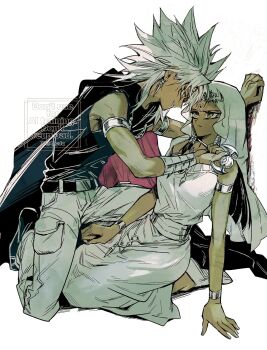 1boy 1girl 4_cdq armlet black_cape black_hair black_shirt bracelet brother_and_sister cape dark-skinned_female dark-skinned_male dark_skin dress duel_monster grey_hair hair_tubes highres holding holding_rod ishizu_ishtar jewelry looking_at_another millennium_rod pants rod shirt siblings sleeveless sleeveless_shirt spiked_hair veil white_background white_dress white_veil yami_marik yu-gi-oh! yu-gi-oh!_duel_monsters