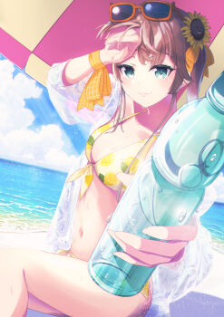 1girl absurdres alternate_costume beach beach_umbrella bikini blue_eyes bottle breasts brown_hair eyewear_on_head flower food_print front-tie_bikini_top front-tie_top fruit_print hair_flower hair_ornament highres holding holding_bottle hololive hot incoming_drink jacket lemon_print looking_at_viewer natsuiro_matsuri natsuiro_matsuri_(summer_2020) navel ocean oekaki_zombie ramune reaching reaching_towards_viewer ribbon see-through_clothes see-through_jacket side-tie_bikini_bottom small_breasts solo sunflower sunflower_hair_ornament sunglasses sunlight sweat swimsuit twintails umbrella very_sweaty virtual_youtuber white_bikini wiping_sweat wrist_ribbon