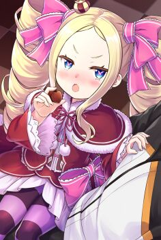 Rule 34 | 1boy, 1girl, :o, beatrice (re:zero), blonde hair, blue eyes, blush, bow, candy, capelet, checkered floor, chestnut mouth, chocolate, chocolate heart, commentary request, crown, dress, drill hair, food, frills, fur-trimmed capelet, fur trim, hair ribbon, heart, heart-shaped food, heart-shaped pupils, holding, holding food, jacket, long hair, long sleeves, looking at viewer, mini crown, natsuki subaru, nose blush, open mouth, pantyhose, pink ribbon, pom pom (clothes), re:zero kara hajimeru isekai seikatsu, red capelet, red dress, ribbon, s (hdru2332), sidelocks, sitting, sitting on lap, sitting on person, solo focus, striped clothes, striped pantyhose, symbol-shaped pupils, track jacket, twin drills, twintails, v-shaped eyebrows, wide sleeves