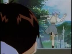 1boy 2girls accidental_pervert anger_vein animated anime_screenshot annoyed audible_speech ayanami_rei blue_hair bread bread_slice brown_hair embarrassed english_audio food food_in_mouth headbutt ikari_shinji jealous long_hair looking_back lowres mouth_hold multiple_girls neon_genesis_evangelion orange_hair red_eyes running school_uniform shaded_face short_hair skirt sound souryuu_asuka_langley surprised toast toast_in_mouth twintails upskirt video