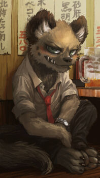 1boy aggressive_retsuko beer_mug black_pants cup full_body furry furry_male green_eyes grin haida_(aggretsuko) highres hyena incal indoors looking_at_viewer male_focus mug necktie pants red_necktie shirt sitting smile solo watch white_shirt wristwatch