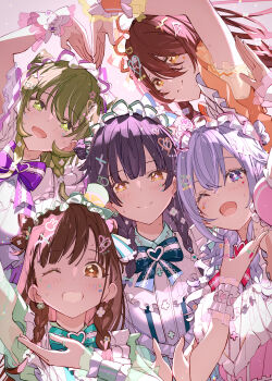 5girls ;d absurdres bow bowtie braid clover-shaped_pupils commentary dress flower frilled_dress frilled_hairband frilled_wristband frills hair_flower hair_ornament hairband heart heart_arms heart_arms_quartet heart_hair_ornament highres idol_clothes idolmaster idolmaster_shiny_colors idolmaster_shiny_colors_song_for_prism looking_at_viewer mayuzumi_fuyuko multiple_girls nanakusa_nichika official_alternate_costume one_eye_closed open_mouth osaki_tenka puni_(punycolors) smile sonoda_chiyoko sticker sticker_on_face suzuki_hana symbol-shaped_pupils twin_braids